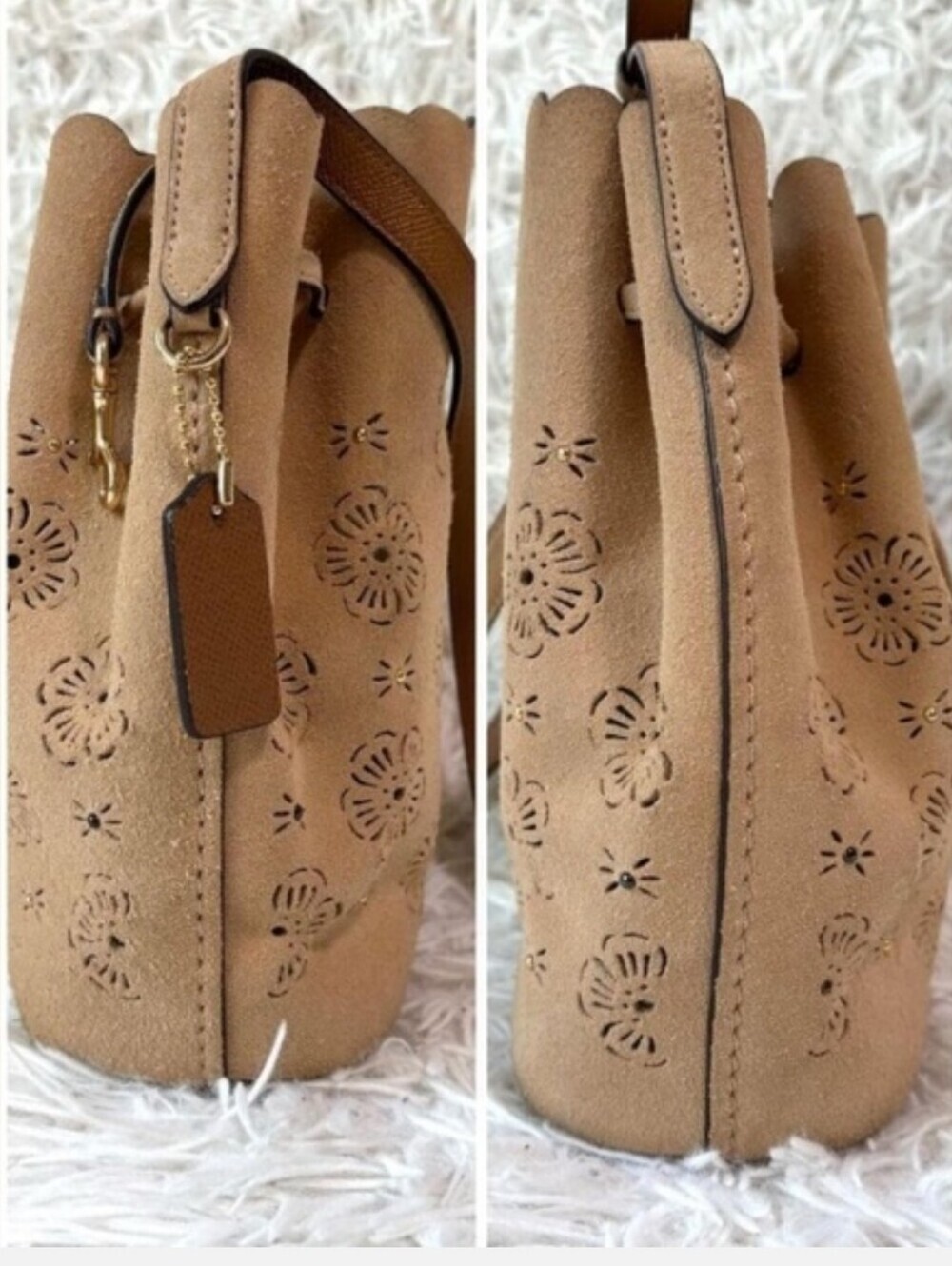 Coach Tea Rose Laser Cut Drawstring Bucket Crossbody M1792-25193 Tan All Suede - Picture 5 of 8